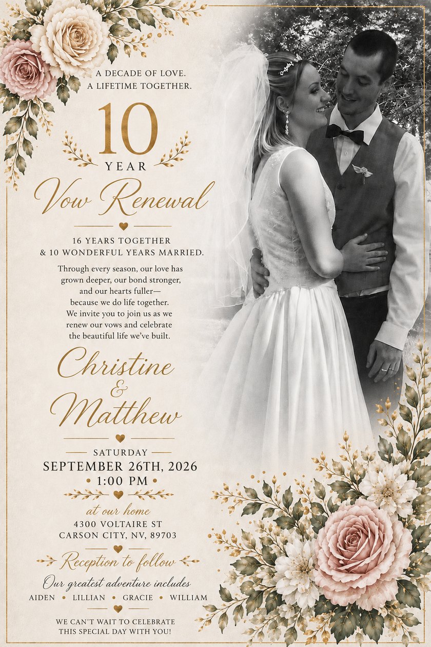 The invitation — A Decade of Love, a Lifetime Together: 10-year vow renewal of Christine and Matthew, September 26th 2026 at their home.